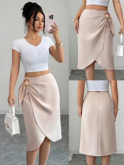 Elenzga 优雅褶裥裹身高腰圆领休闲度假半身裙，时尚杏色，春夏款