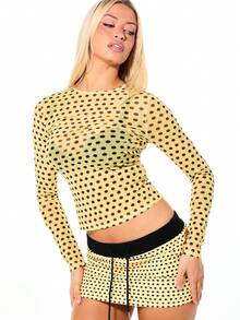 SUMWON WOMEN 长袖波点网纱上衣，圆领修身剪裁，适合日常休闲穿着 - 黃色 - 查看 6