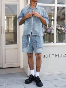 Manfinity EMRG 男士休闲牛仔街头风钩针蓝色牛仔套装 - 中等水洗藍 - 查看 4