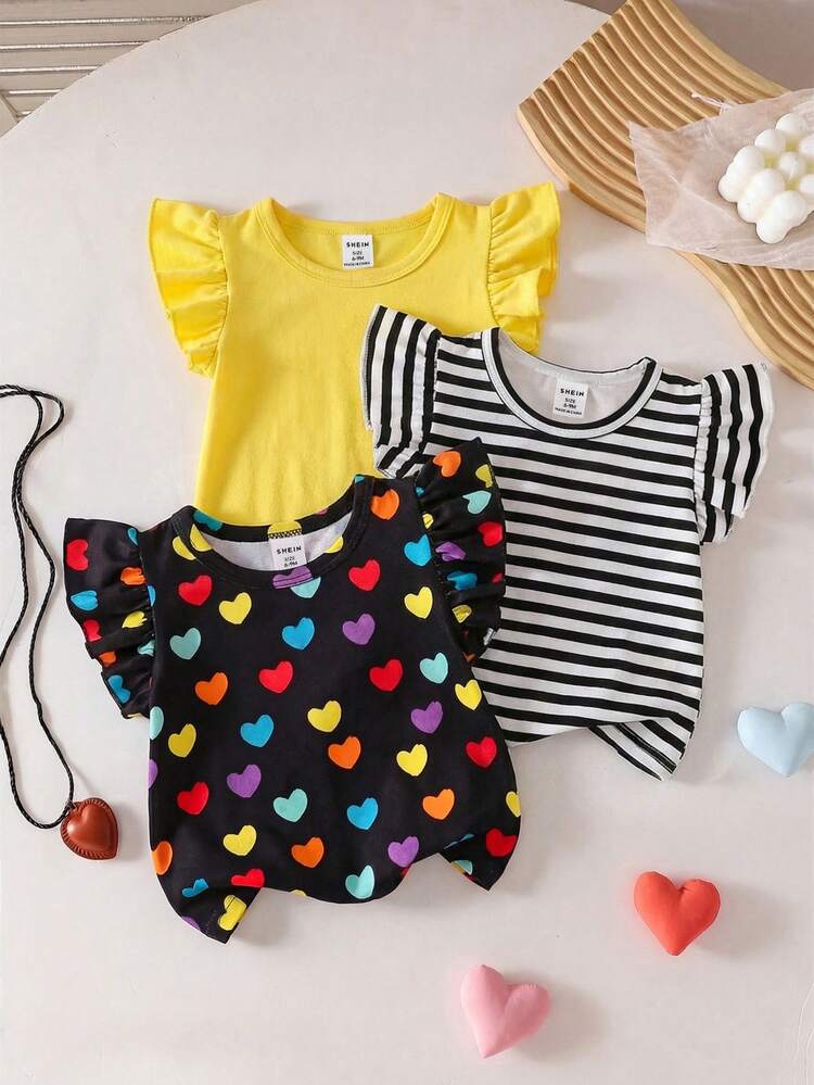 SHEIN Playful Pals 3 pièces/set Top t-shirt col rond avec volants à rayures de cœurs colorés, doux et confortable, décontracté et mignon, nouvelle arrivée printemps/été - Multicolore - Voir 1