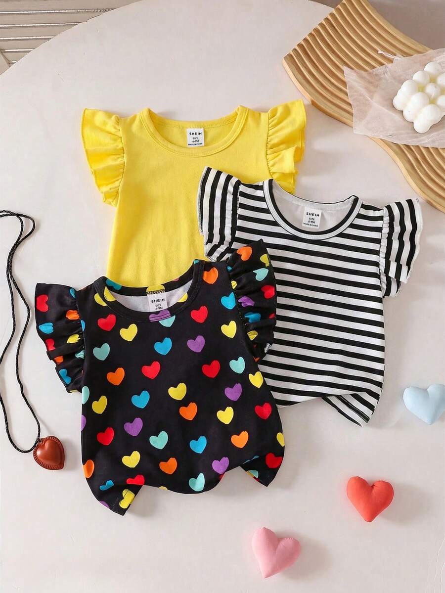 SHEIN Playful Pals Gentle Purple Stripe, 3D Bow Pattern, Young Girl Casual Simple Versatile Round Neck Cap Sleeve T-Shirt 1pc Suitable For Spring/Summer Daily Wear, - Multicolor - View 1