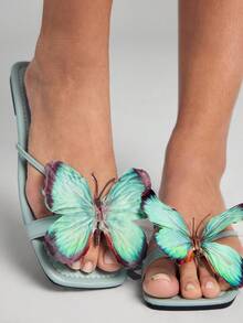 ROMWE Fairycore 女士亚麻平底凉鞋，花卉和蝴蝶装饰，露趾，透气网眼鞋面，适合婚礼、派对、休闲、海滩、旅行、约会，2025 年夏季、秋季、冬季 - 綠色 - 查看 2