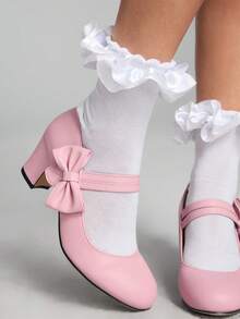 ROMWE Kawaii 女士优雅蝴蝶结装饰圆头粗跟玛丽珍鞋,钩环闭合,方便穿着,适合派对/婚礼/商务礼仪,四季鞋/粉色高跟鞋/度假/芭蕾平底鞋 - 粉色 - 查看 3