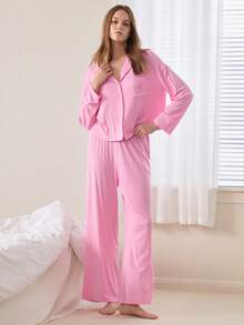 Ocili Bộ đồ ngủ nữ mùa thu thanh lịch 2 món, mềm mại, thoải mái, cổ áo thêu, cài nút vỏ sò, tay dài và quần. - Hồng - Xem 2