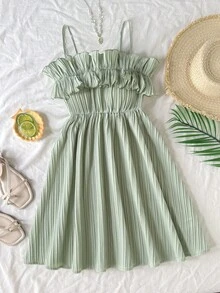 SHEIN Tween Girl Elegant Ruffle Cinching Waist Cami Dress - Green - View 2