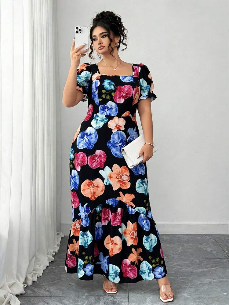 Elenzga Elegant City Short Sleeve Square Neck Dress, Romantic 3D Floral  Print Long Dress, Summer Beach Holiday Dress, Graceful Long Dress For Daily  Gatherings, Afternoon Tea, Outings | SHEIN EUR
