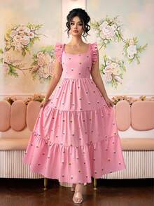 Elenzga 大码女式优雅春夏粉色碎花A字连衣裙，腰部收紧，肩部褶裥设计，巧妙遮掩腹部。适合毕业典礼、节日、情人节、音乐节、母亲节、万圣节、感恩节、复活节、国庆节、晚会、约会、派对、婚礼和户外活动等场合。 - 粉色 - 查看 4