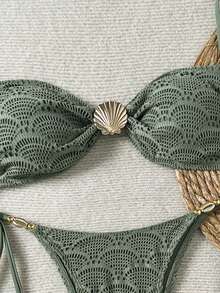 Elavelle Women's Sexy Army Green Plain Fabric Lace Up Spaghetti Strap Bikini Set With Tie Side Bottom And Metal Shell Detail Short Length - Army Green - View 4