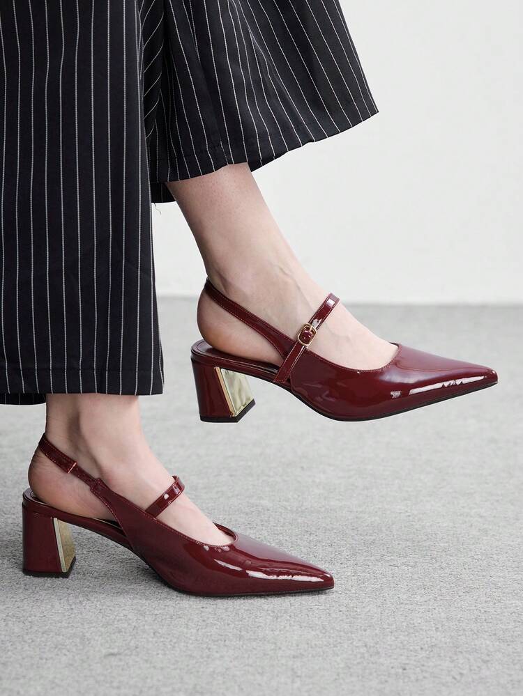 CUCCOO BIZCHIC Women Shoes Women's Pointed Thick Medium Heel Burgundy Mirror Slingback Women's High Heel Shoes Stylish And Comfortable Commuters Business Versatile Spring Shoes