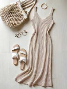 EMERY ROSE 新款休闲宽松性感优雅纯色简约高端吊带连衣裙，V领设计，优雅日常休闲约会风，极具魅力，温柔淑女风，法式休闲，复古休闲，通勤工作装，居家度假，女士针织卡其色罗纹毛衣连衣裙 - 卡其色 - 查看 3