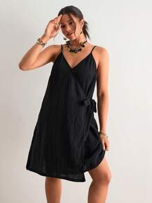 SHEIN VCAY Große Größen Lässig einfarbiges Zugband Wickel-Trägerkleid, Strandkleid, Urlaubsoutfit, Boho-Stil - Schwarz - Übersicht 10