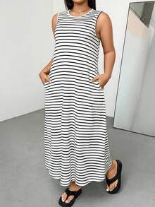 Shapeblank 大码女式夏季连衣裙、女式夏季连衣裙、女式度假连衣裙、女式夏季连衣裙、毕业礼服、商务休闲女式连衣裙、女式办公连衣裙、毕业礼服、新款时尚休闲通勤装、条纹无袖带口袋连衣裙、长款连衣裙、A字连衣裙、黑白条纹连衣裙、休闲连衣裙 - 黑與白 - 查看 3