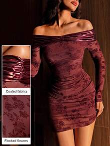 Modelyn Women's Burgundy Rose Print Patchwork Sequin Off-Shoulder Twist Ruched Waist Elegant Sexy Party Cocktail Dress - Burgundy - View 2