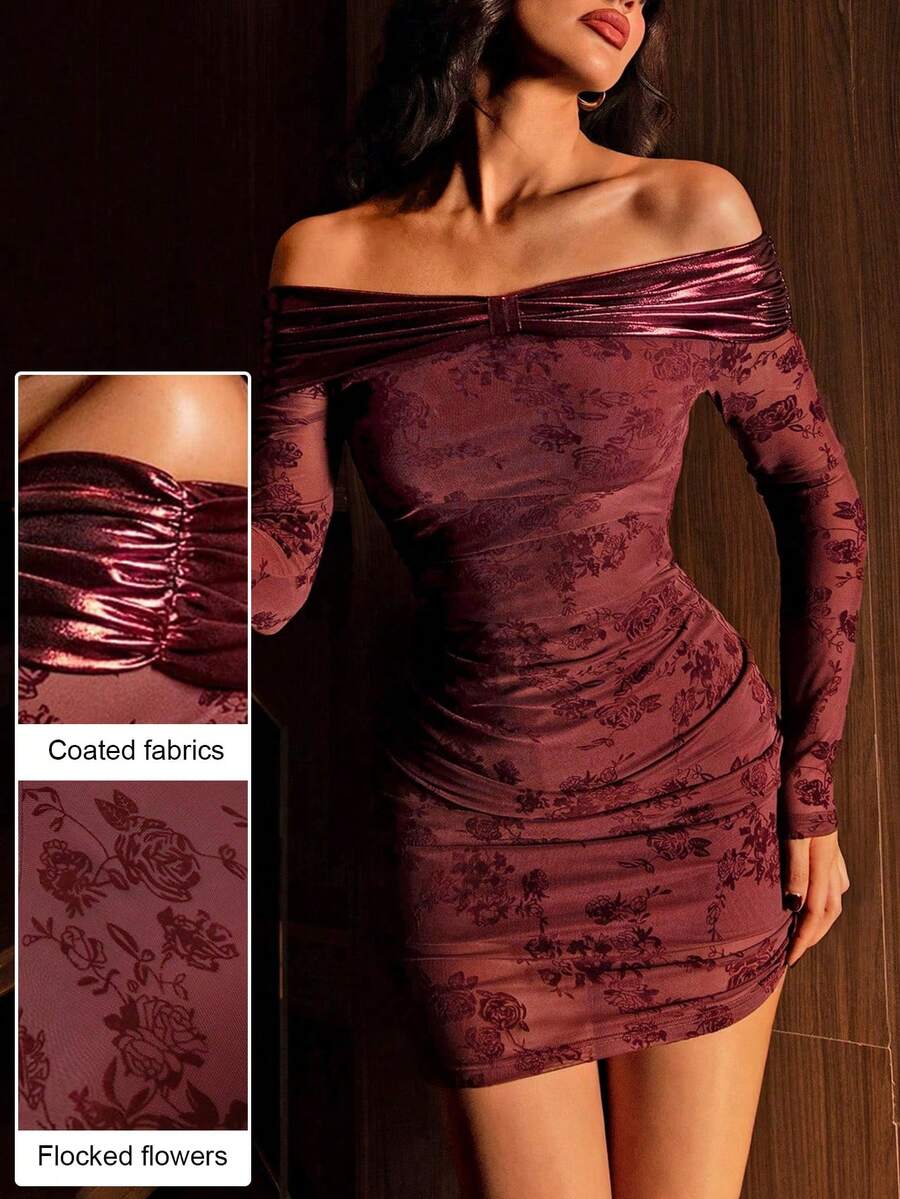 Modelyn Women's Burgundy Rose Print Patchwork Sequin Off-Shoulder Twist Ruched Waist Elegant Sexy Party Cocktail Dress