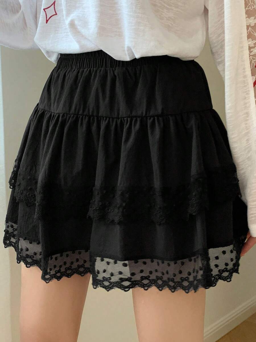 DAZY Damen Elastischer Taillenbund Spitze Patchwork Rock - Schwarz - Übersicht 1