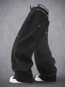 Manfinity Denimwave Casual Distressed Black Straight Loose Fit Maxi Jeans With Rivet Patchwork, Autumn/Winter - Black - View 2