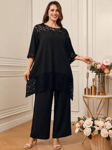 EMERY ROSE 大码女式蕾丝拼接宽松套装。优雅休闲，通勤，春夏皆宜。 - 黑色 - 查看 6