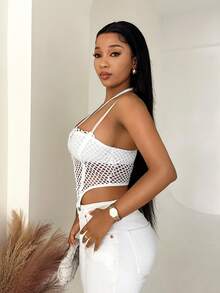 SHEIN BamGlam 2026新款Y2K街头时尚女式上衣，镂空网纱文胸，蕾丝边弹力肩带。音乐节和街头穿搭的完美之选。 - 白色 - 查看 3