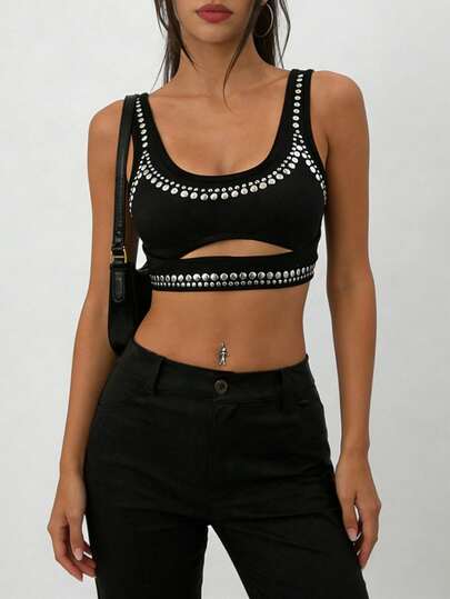 INAWLY Top corto sin mangas con escote en U y calado de decoración de remaches, de moda para el verano