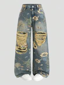 SHEIN MOD 女士碎花口袋做旧阔腿宽松休闲牛仔裤 - 深色水洗藍 - 查看 7