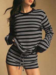 Poéselle 2 st kvinnor casual randig långärmad topp och shorts set - Svart - Visa 6