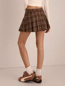 Easelle Brown Plaid Mini Skirt (Women's), Pleated Midi Skirt, Retro Casual Brown, Spring/Summer 2026. - Brown - View 2