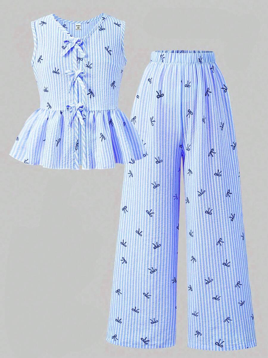 Sparklyn 少女条纹蝴蝶结荷叶边下摆无袖上衣和松紧腰裤休闲两件套 - 藍色 - 查看 1