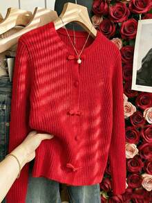 SHEIN LUNE 早春新年复古红色中国风纽扣罗纹圆领长袖女式针织开衫 - 紅色 - 查看 1