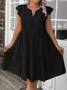 SHEIN LUNE Vestido casual de verano de talla grande con parches de encaje de unicolor - Negro - Ver 7