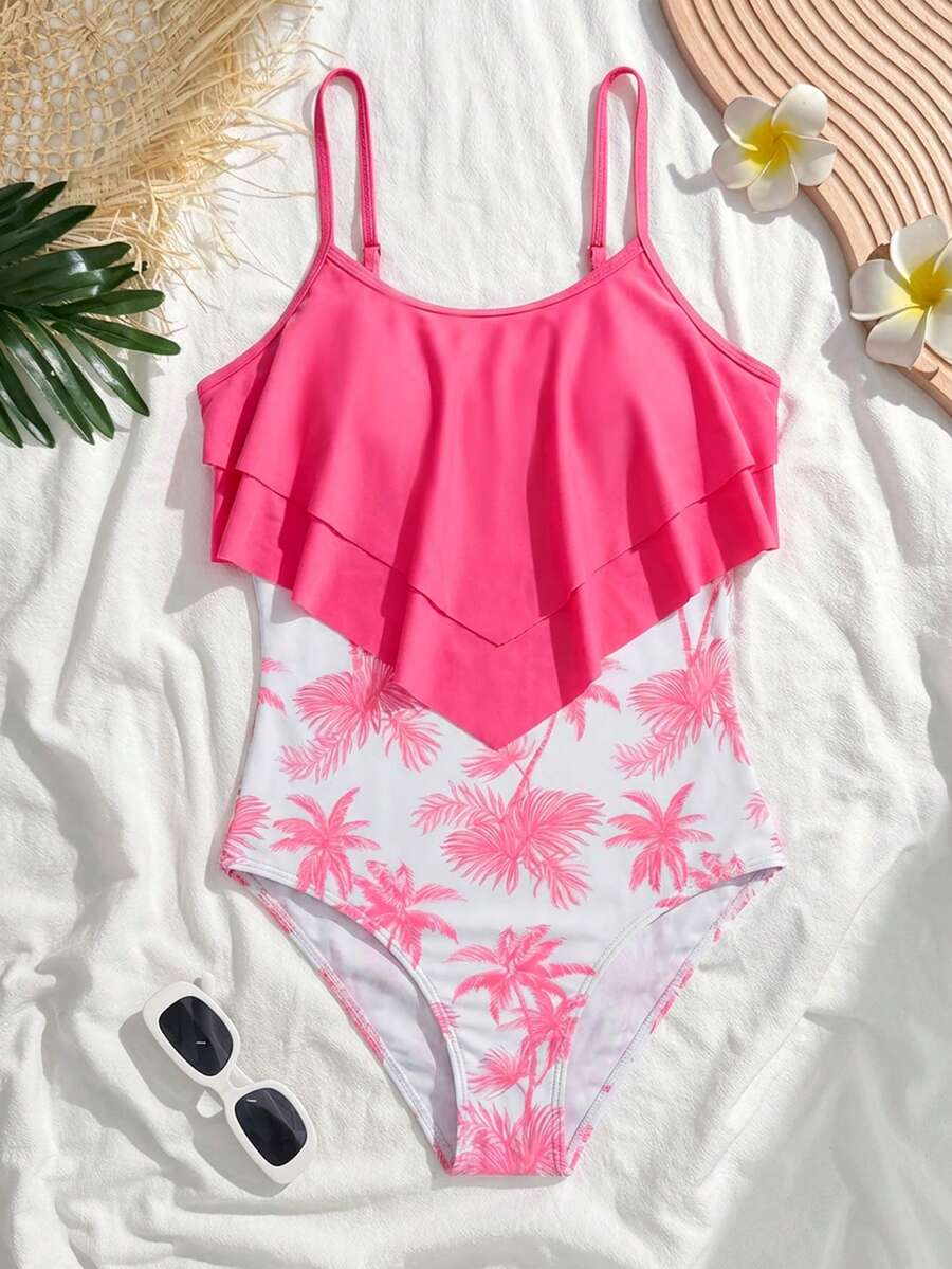 SHEIN Traje de baño de una pieza minimalista y cómodo con volantes fruncidos para adolescentes - Rosa - Ver 1