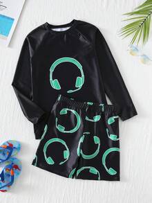 SHEIN Tween Boy Casual Fitted Video Game Glow-In-The-Dark Print Tankini 2 Pieces Swimsuit Set, Suitable For Spring/Summer, Beach Vacation - Black - View 3