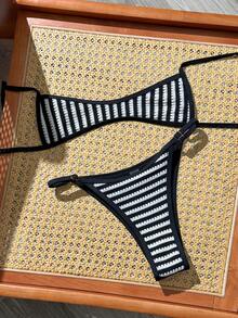 Swim Mod 2件套/组 2026 新款春夏女士特制面料泳衣及短裤，优雅沙滩度假泳装套装 - 黑與白 - 查看 3