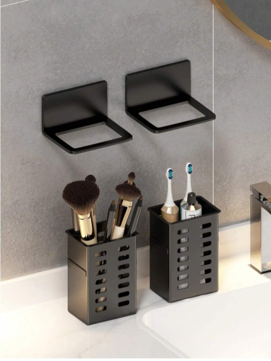 Bathroom Organizer Shelf Rack For Toothbrush, Toothpaste, Comb, Shaver Etc. Storage, Wall Mounted Without Drilling - Black - View 1