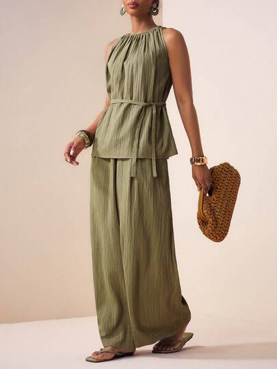 Zivah Women's Vacation Casual Solid Color Halter Top And Pants 2 Pieces Set