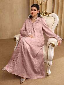 SHEIN Najma Gaun Wanita Elegan Berkerah V dengan Patchwork Pita Jacquard dan Renda Lengan Panjang Model Mengembang - Berwarna merah muda - View 6