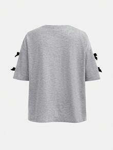 SHEIN 两件套少女休闲蝴蝶结T恤和喇叭裤套装，时尚舒适，适合日常穿着和外出活动。 - 灰色 - 查看 7