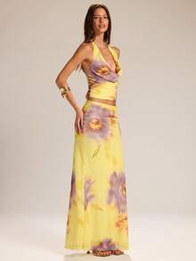 SHEIN BAE 女士印花垂领吊带背心和迷你裙两件套度假套装 - 黃色 - 查看 4
