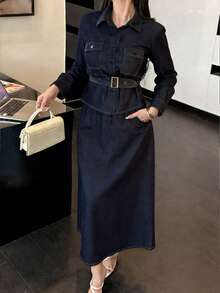 DAZY Women's Casual Denim Collared Top And Skirt Set - Dark Wash - View 3