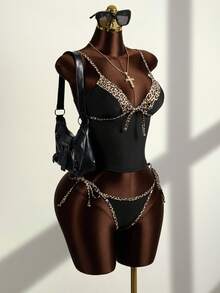 Zestiva Women's Leopard Print Lace-Up Spaghetti Strap Tankini Swimwear Set - Black - View 4