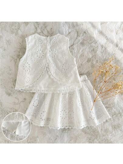 Loomiva 2件套女婴纯色休闲百搭圆领无袖上衣和松紧腰短裤套装