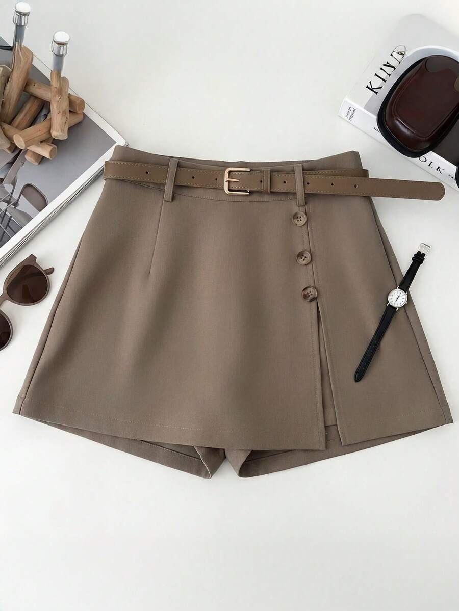 GlowEve Váy quần nữ mùa hè thiết kế mới, thời trang, đa năng, cài cúc đơn, xẻ tà bất đối xứng, có thắt lưng. - Màu Khaki - Xem 1