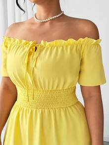 Elenzga Gaun Lengan Pendek Wanita Ukuran Besar Elegan dengan Karet Elastis dan Pinggang Terbuka, Musim Semi/Panas - Kuning - View 6