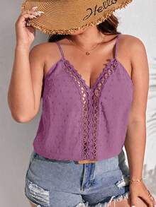 SHEIN Frenchy Camiseta suelta de talla grande con tirantes finos y parches de encaje de unicolor - Morado - Ver 1