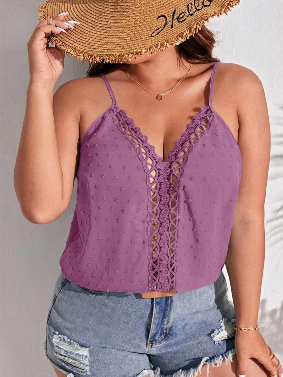 SHEIN Frenchy Camiseta suelta de talla grande con tirantes finos y parches de encaje de unicolor - Morado - Ver 1