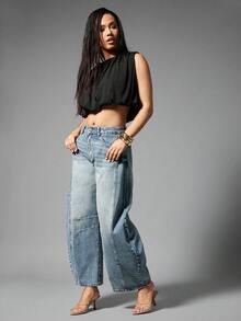 Denimoi 女士口袋喇叭休闲宽松牛仔裤 - 藍色 - 查看 4