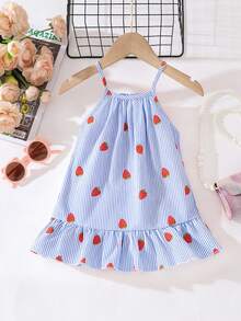 SHEIN Playful Pals Đầm không tay cho bé gái với họa tiết dâu tây sọc nhiều màu sắc, thiết kế tươi tắn và năng động, thích hợp cho mùa hè. - Màu xanh lam - Xem 2