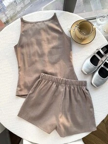 Tween Girls' Solid Color Button Decor Sleeveless Top And Shorts Set,Kids - Apricot - View 2