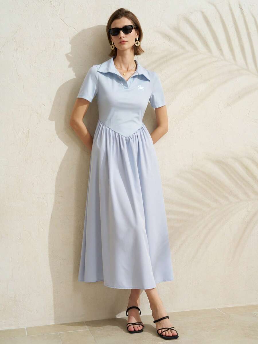 Airaco 女士休闲纯色短袖连衣裙，夏季 - 灰藍色 - 查看 1