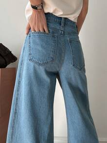 DAZY High Waist Raw Trim Wide Leg Jeans - Medium Wash - View 5