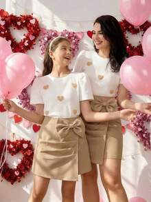 Elladie kids 2pcs/Set Girls Autumn New 2025 Round Neck Ribbed Puff Sleeve T-Shirt With Red Heart Print & Matching Bowknot Hem Skirt, Versatile Outfit For Dates, Parties, Commute - Khaki - View 3